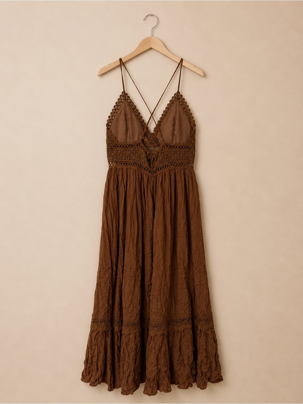 NWT Cider Brown Lace Crochet Boho Strappy Maxi Sundress - L - Picture 2 of 7